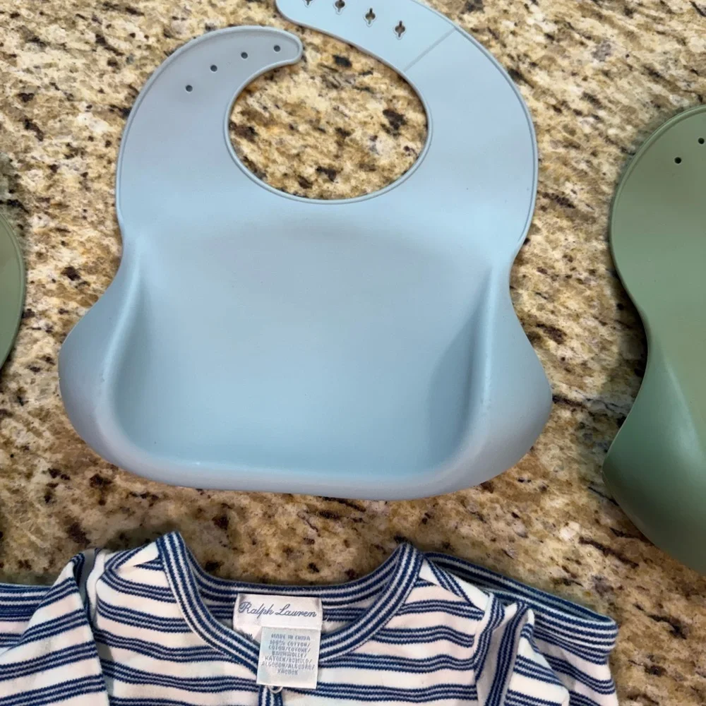 Baby 4 Piece Bundle Ralph Lauren Stripe Romper & 3 Silicone Pocket Bibs 3M